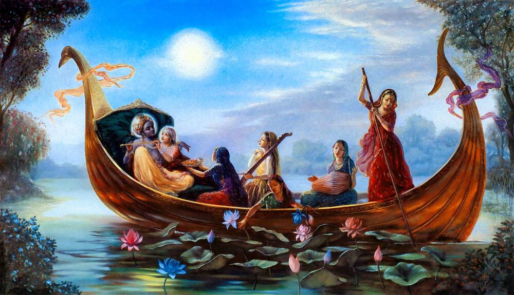 Krishna and the Gopis Enjoy Pastimes in a Boat