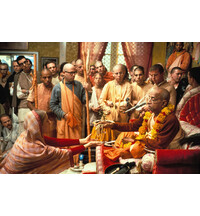 Prabhupada Handing Japa Beads to Woman Devotee