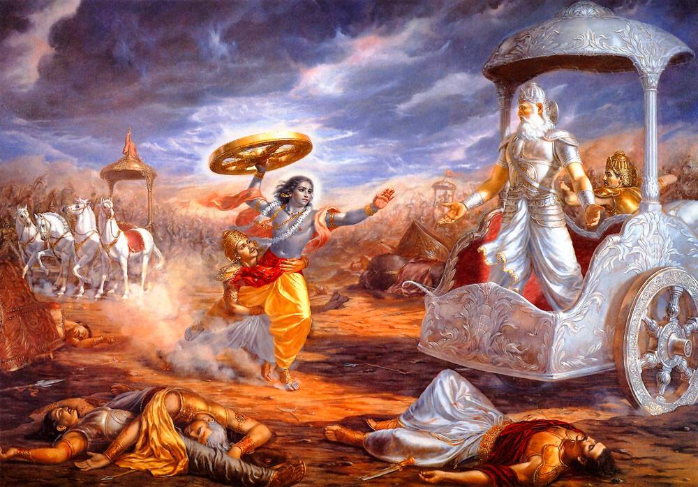 Krishna Confronts Bhismadeva in Battle