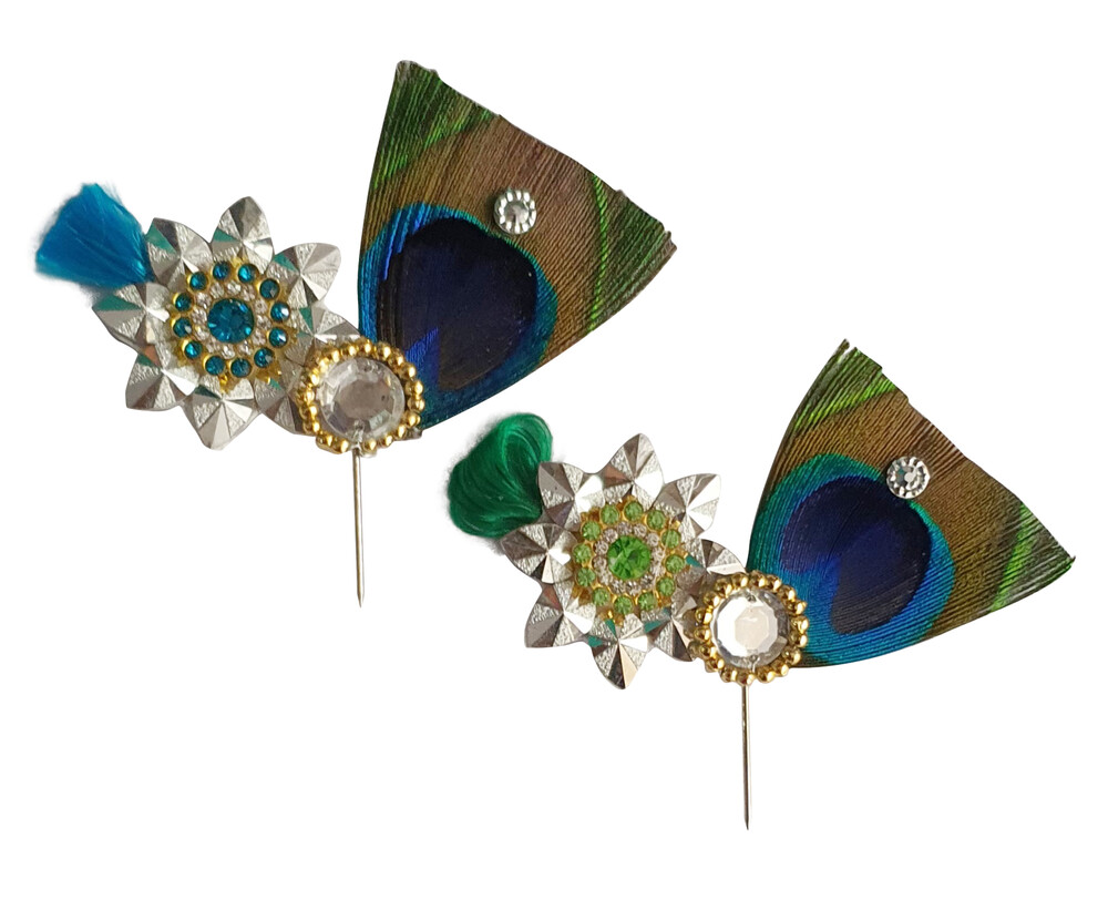 Deity Crown Decorative Pins with Peacock Feather, Big Flower & Diamond