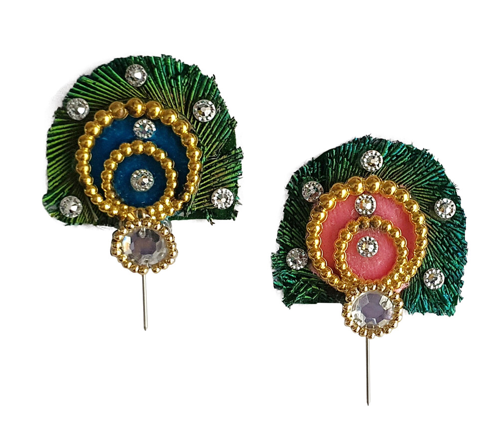 Deity Crown Decorative Pins with Peacock Feather, Big Flower & Diamond