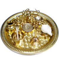 Medium Aroti Set (11.5" tray w/ Bell, Incense Holder, Flower Tray, Conch, Ghee Lamp)