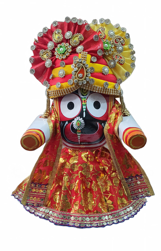 Jagannatha Crowns with Matching Dress - Orange & Blue Kerry, Flowers, Pearls & Diamonds (3 Crowns & Dresses)