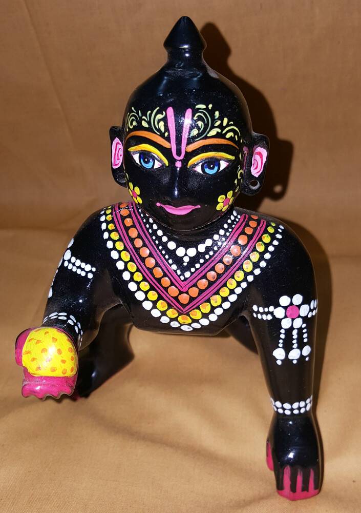 Laddu Gopal Painted Black Brass Sitting Deity 7\"
